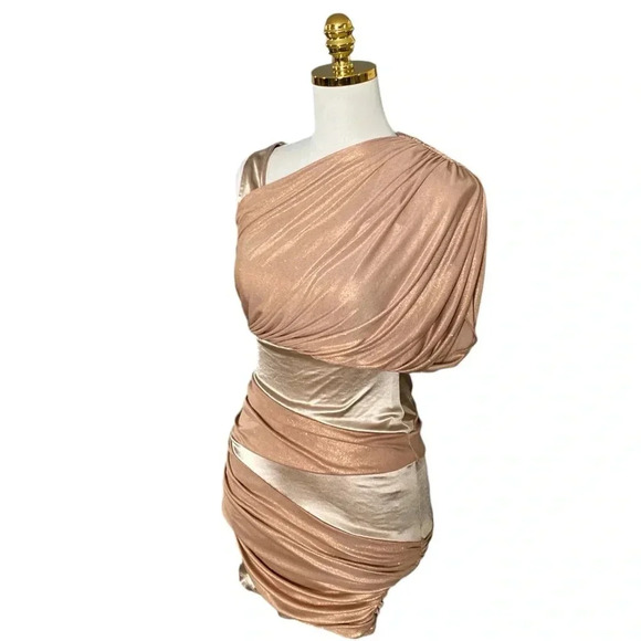 BEBE | Gold Metallic Colorblock Asymmetric Ruched Cocktail Mini Dress Size XS - Picture 4 of 9